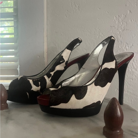 Guess sling back heels stiletto cow print pony hair peep toe - Picture 2 of 9